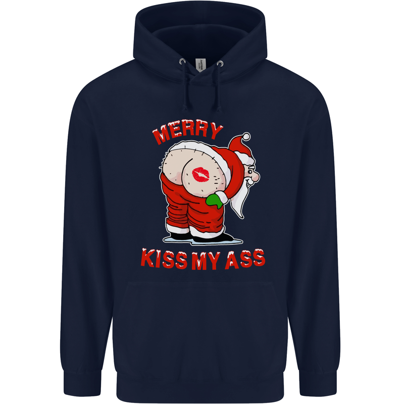 Merry Kiss My Ass Funny Christmas Mens 80% Cotton Hoodie Navy Blue