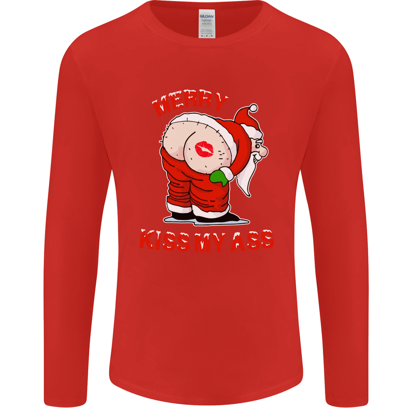 Merry Kiss My Ass Funny Christmas Mens Long Sleeve T-Shirt Red