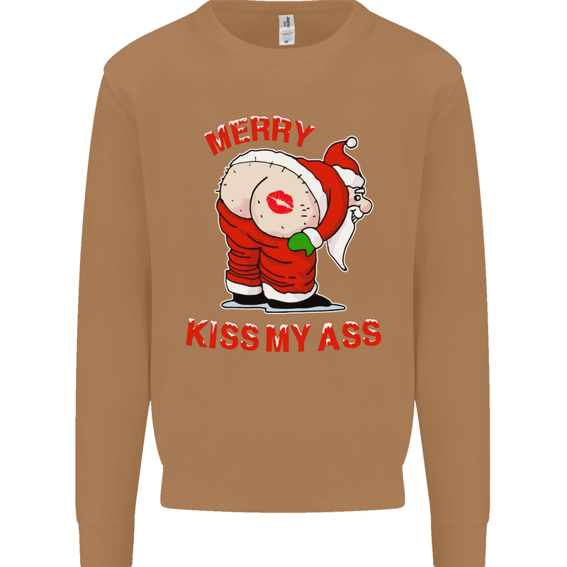 Merry Kiss My Ass Funny Christmas Mens Sweatshirt Jumper Caramel Latte
