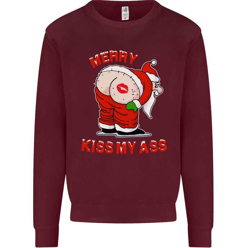 Merry Kiss My Ass Funny Christmas Mens Sweatshirt Jumper Maroon
