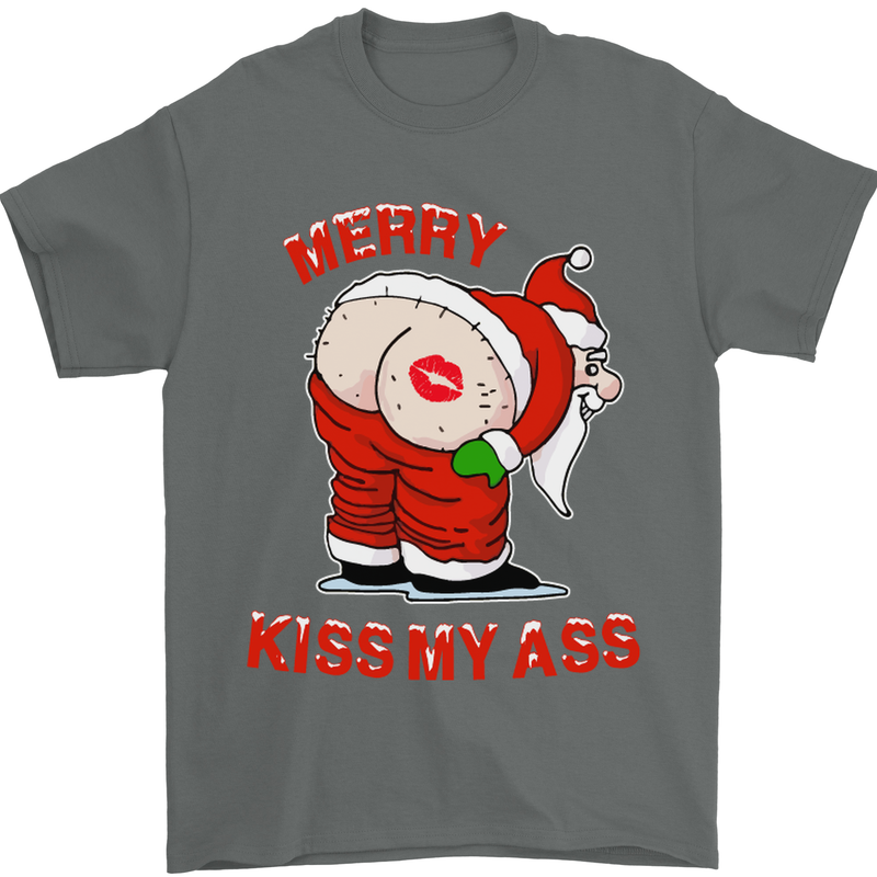 Merry Kiss My Ass Funny Christmas Mens T-Shirt Cotton Gildan Charcoal