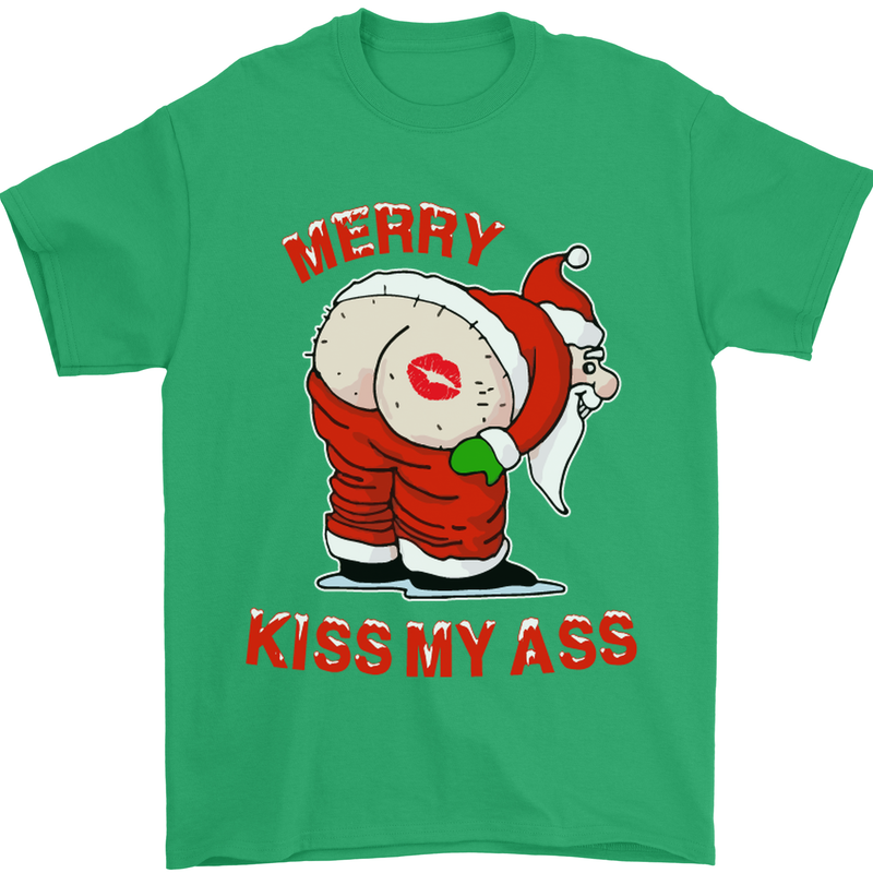 Merry Kiss My Ass Funny Christmas Mens T-Shirt Cotton Gildan Irish Green