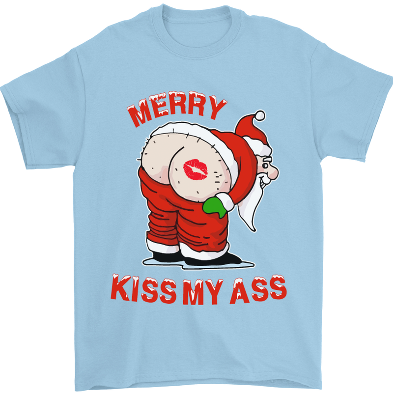 Merry Kiss My Ass Funny Christmas Mens T-Shirt Cotton Gildan Light Blue