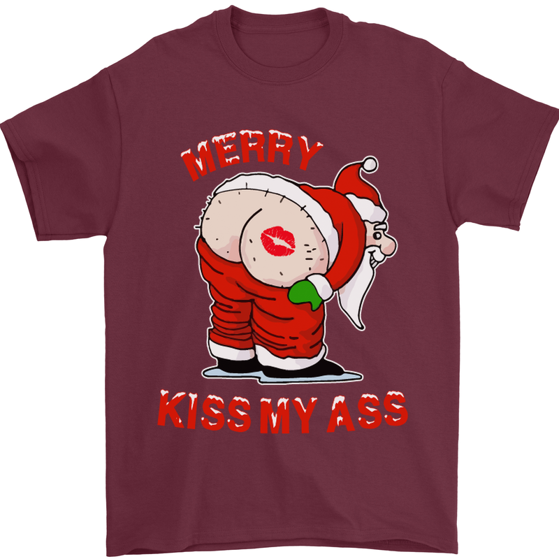 Merry Kiss My Ass Funny Christmas Mens T-Shirt Cotton Gildan Maroon