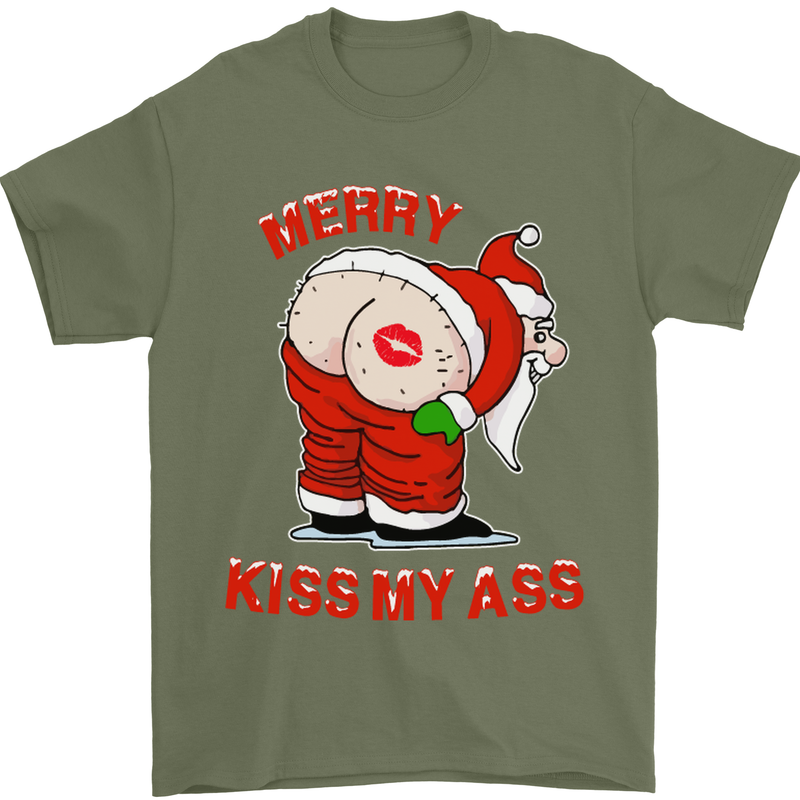Merry Kiss My Ass Funny Christmas Mens T-Shirt Cotton Gildan Military Green