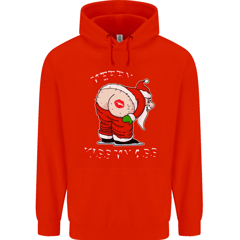 Merry Kiss My Ass Funny Christmas Rude Childrens Kids Hoodie Bright Red
