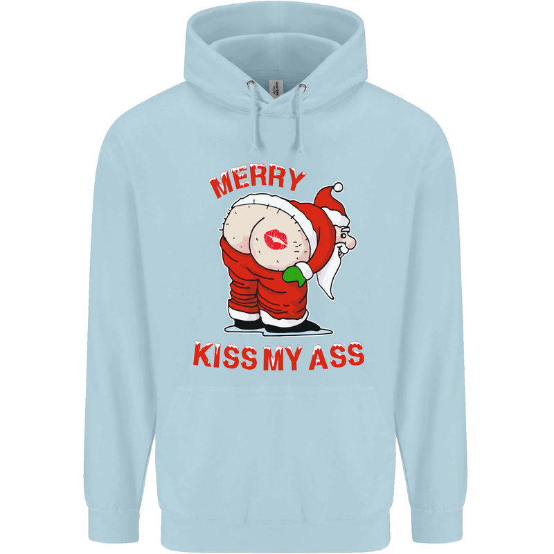 Merry Kiss My Ass Funny Christmas Rude Childrens Kids Hoodie Light Blue
