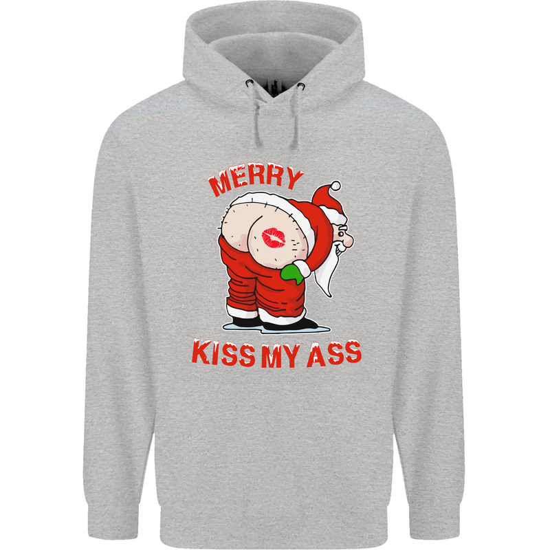 Merry Kiss My Ass Funny Christmas Rude Childrens Kids Hoodie Sports Grey