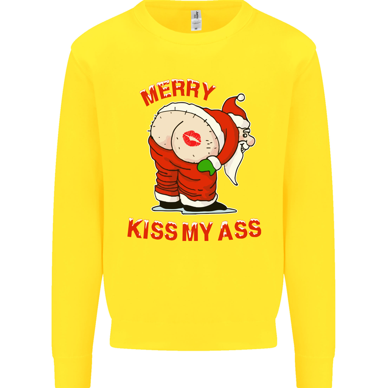 Merry Kiss My Ass Funny Christmas Rude Kids Sweatshirt Jumper Yellow