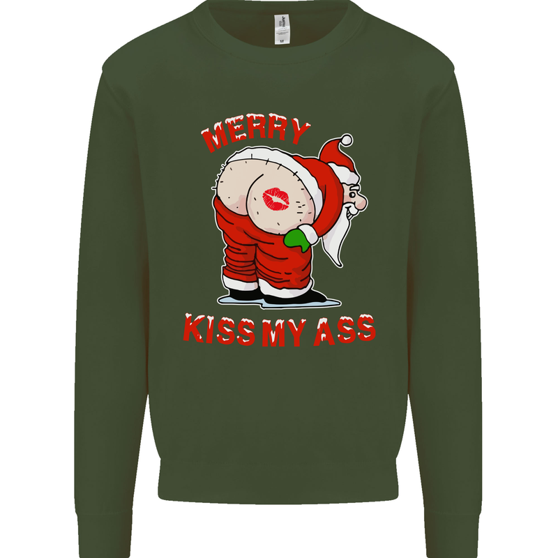 Merry Kiss My Ass Funny Christmas Rude Mens Sweatshirt Jumper Forest Green