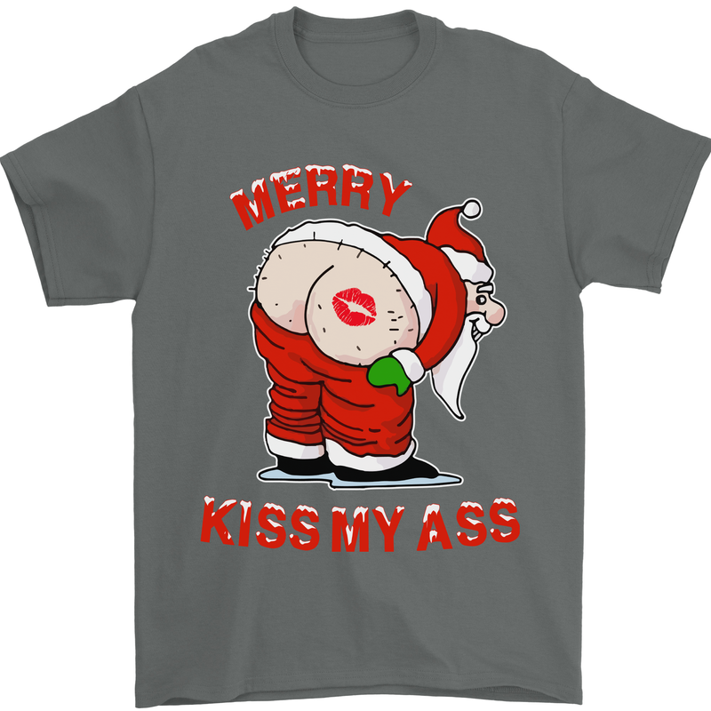 Merry Kiss My Ass Funny Christmas Rude Mens T-Shirt Cotton Gildan Charcoal