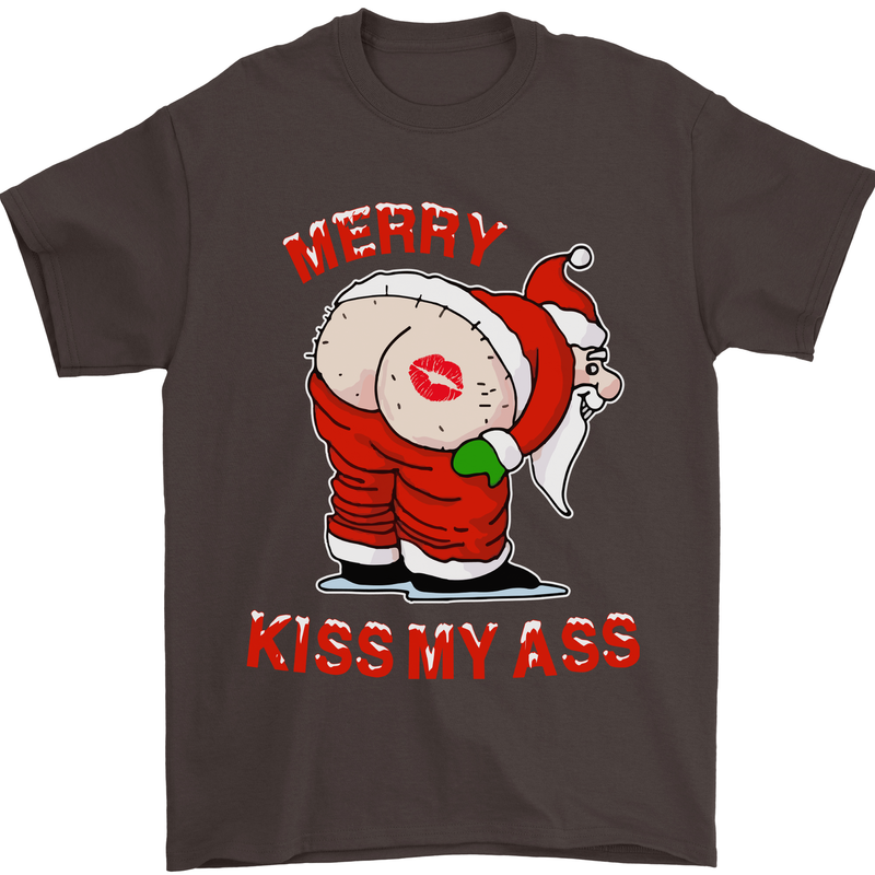 Merry Kiss My Ass Funny Christmas Rude Mens T-Shirt Cotton Gildan Dark Chocolate