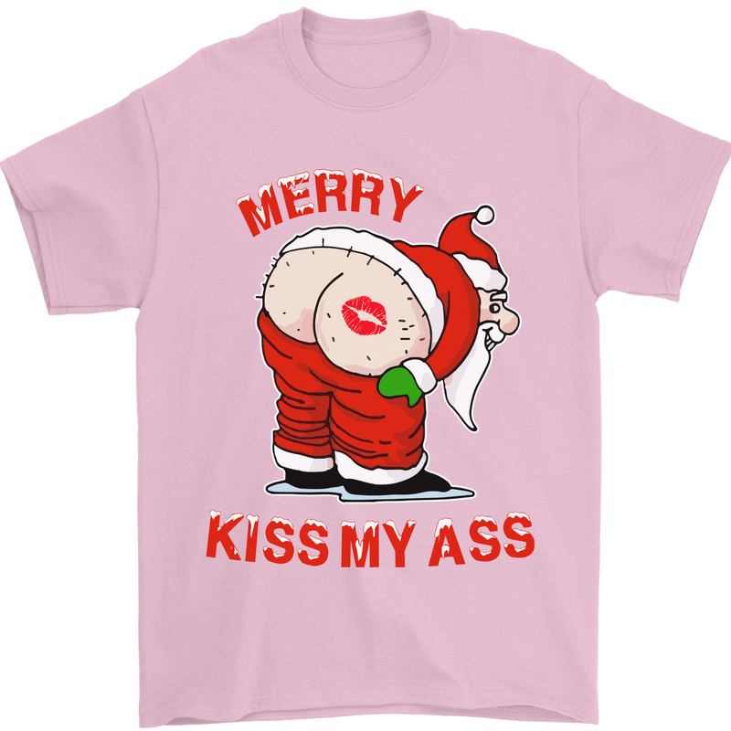 Merry Kiss My Ass Funny Christmas Rude Mens T-Shirt Cotton Gildan Light Pink
