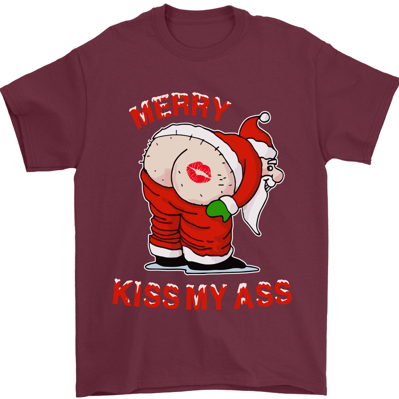 Merry Kiss My Ass Funny Christmas Rude Mens T-Shirt Cotton Gildan Maroon