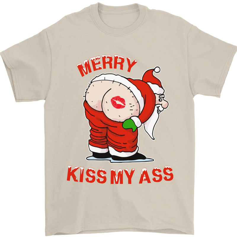 Merry Kiss My Ass Funny Christmas Rude Mens T-Shirt Cotton Gildan Sand