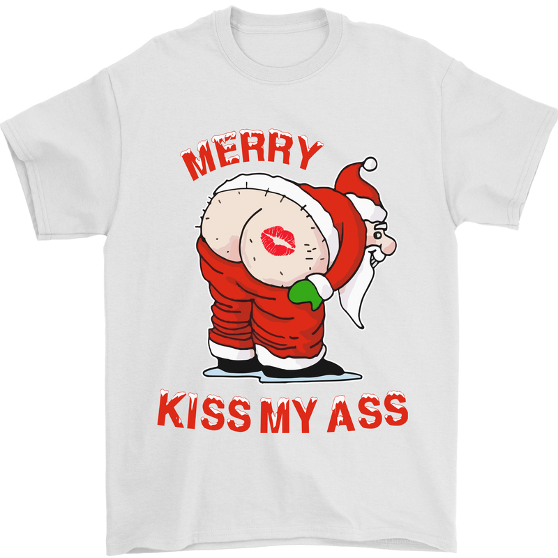 Merry Kiss My Ass Funny Christmas Rude Mens T-Shirt Cotton Gildan White