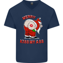 Merry Kiss My Ass Funny Christmas Rude Mens V-Neck Cotton T-Shirt Navy Blue