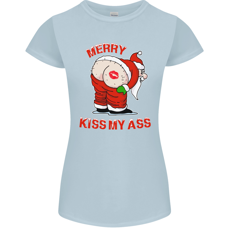 Merry Kiss My Ass Funny Christmas Rude Womens Petite Cut T-Shirt Light Blue