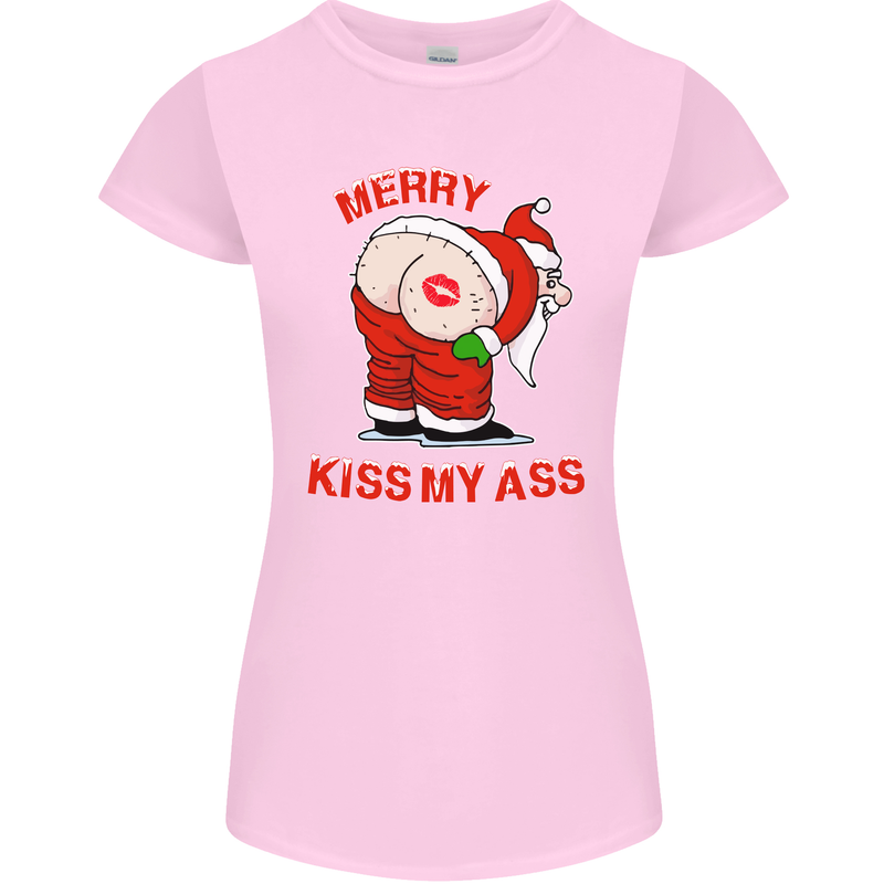 Merry Kiss My Ass Funny Christmas Rude Womens Petite Cut T-Shirt Light Pink