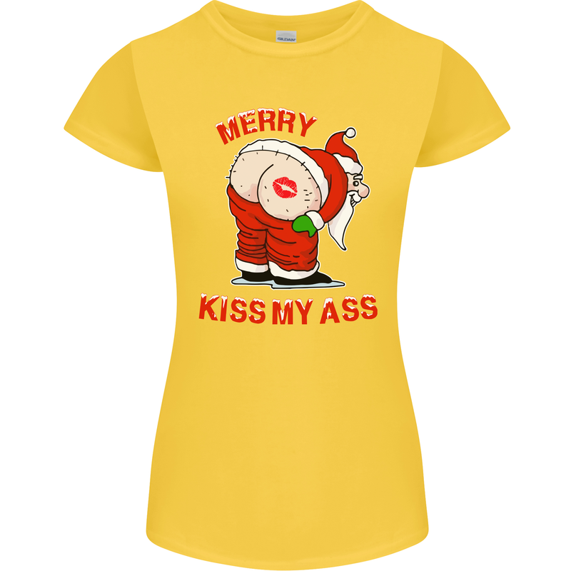 Merry Kiss My Ass Funny Christmas Rude Womens Petite Cut T-Shirt Yellow