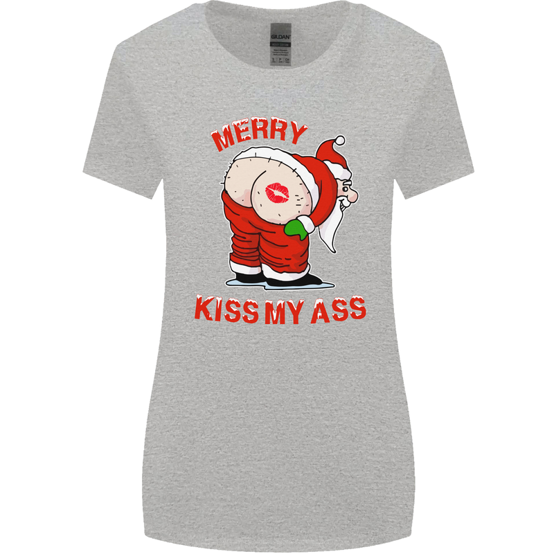 Merry Kiss My Ass Funny Christmas Rude Womens Wider Cut T-Shirt Sports Grey