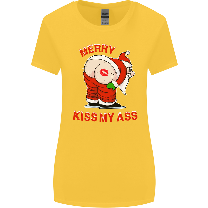 Merry Kiss My Ass Funny Christmas Rude Womens Wider Cut T-Shirt Yellow