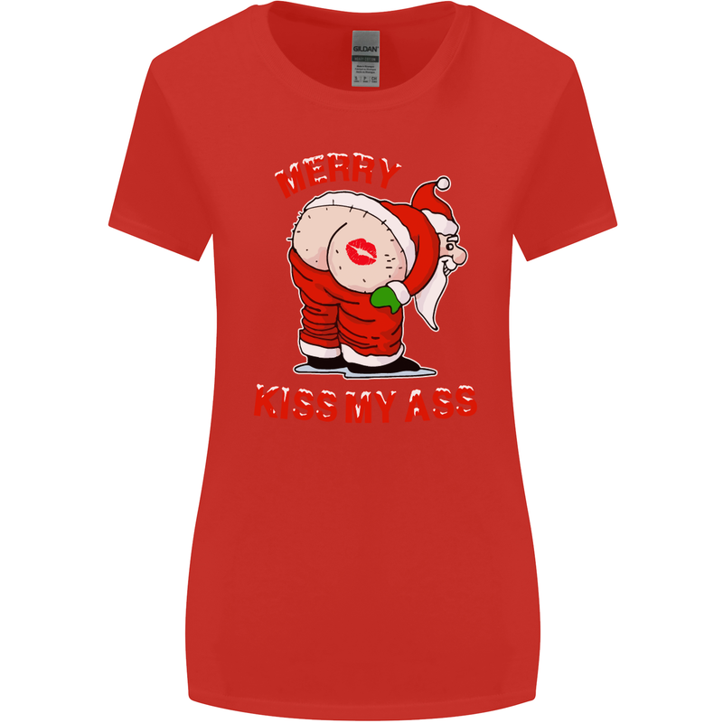 Merry Kiss My Ass Funny Christmas Womens Wider Cut T-Shirt Red