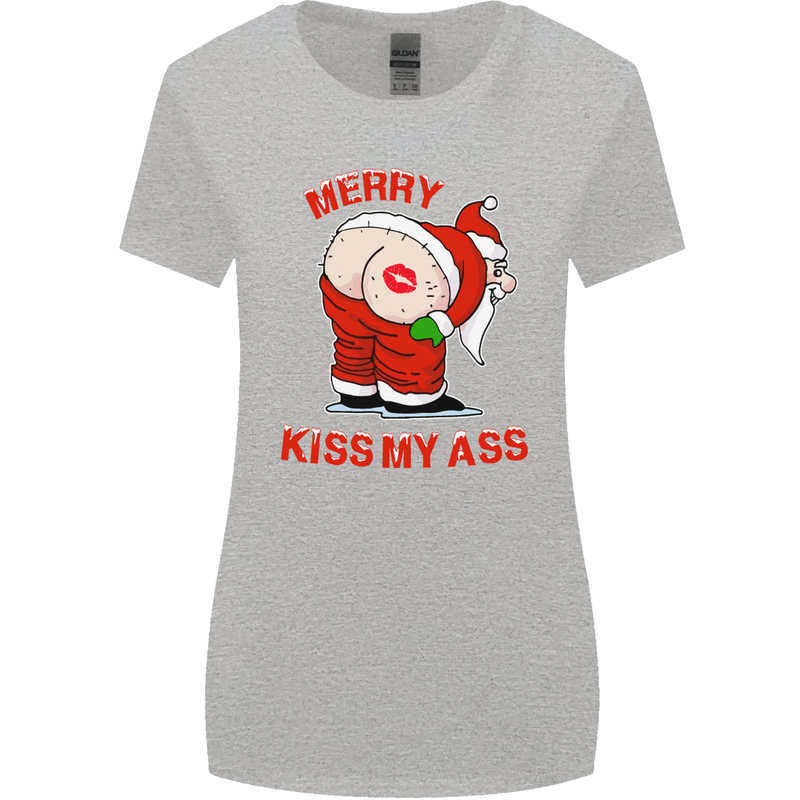 Merry Kiss My Ass Funny Christmas Womens Wider Cut T-Shirt Sports Grey