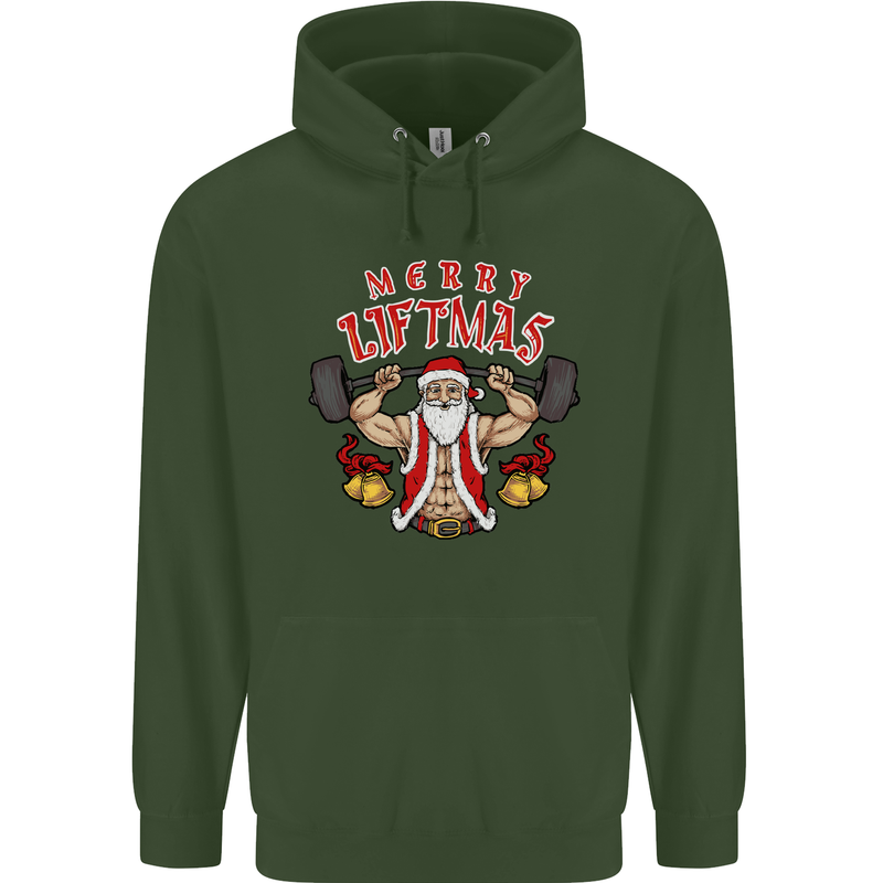 Merry Liftmas Mens 80% Cotton Hoodie Forest Green
