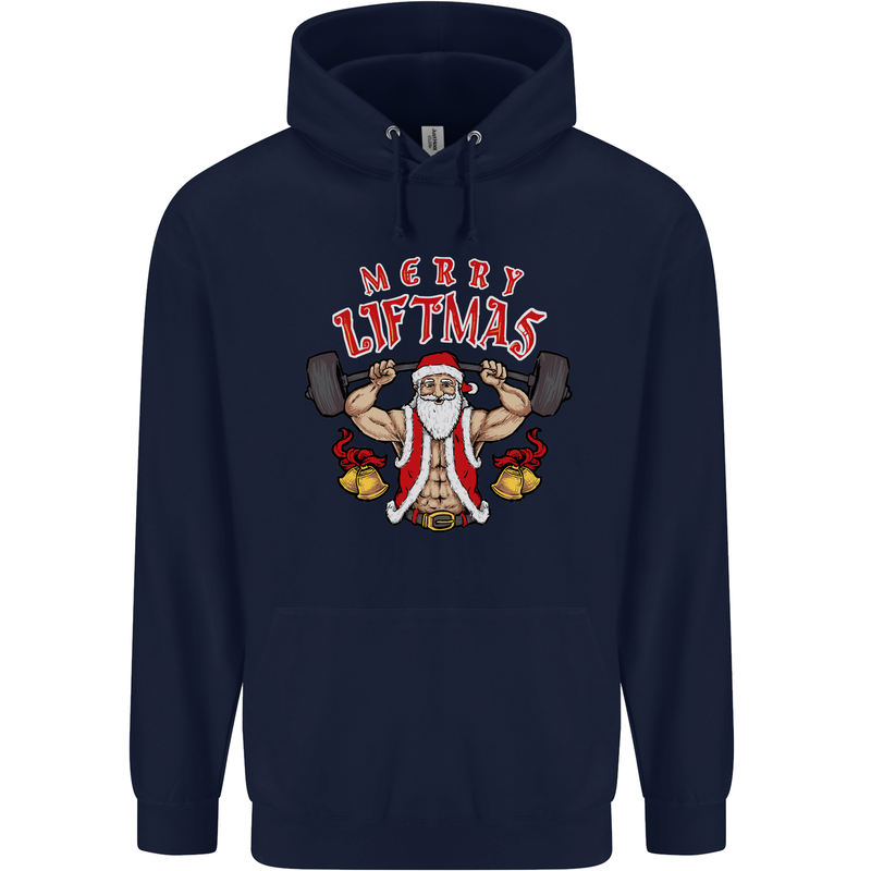 Merry Liftmas Mens 80% Cotton Hoodie Navy Blue