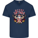 Merry Liftmas Mens V-Neck Cotton T-Shirt Navy Blue