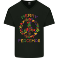 Merry Peacemas Christmas Peace Wreath Mens V-Neck Cotton T-Shirt Black