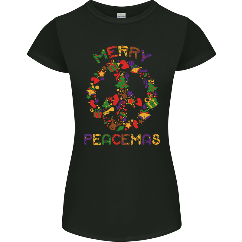 Merry Peacemas Christmas Peace Wreath Womens Petite Cut T-Shirt Black