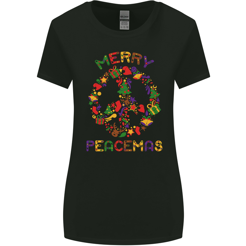 Merry Peacemas Christmas Peace Wreath Womens Wider Cut T-Shirt Black