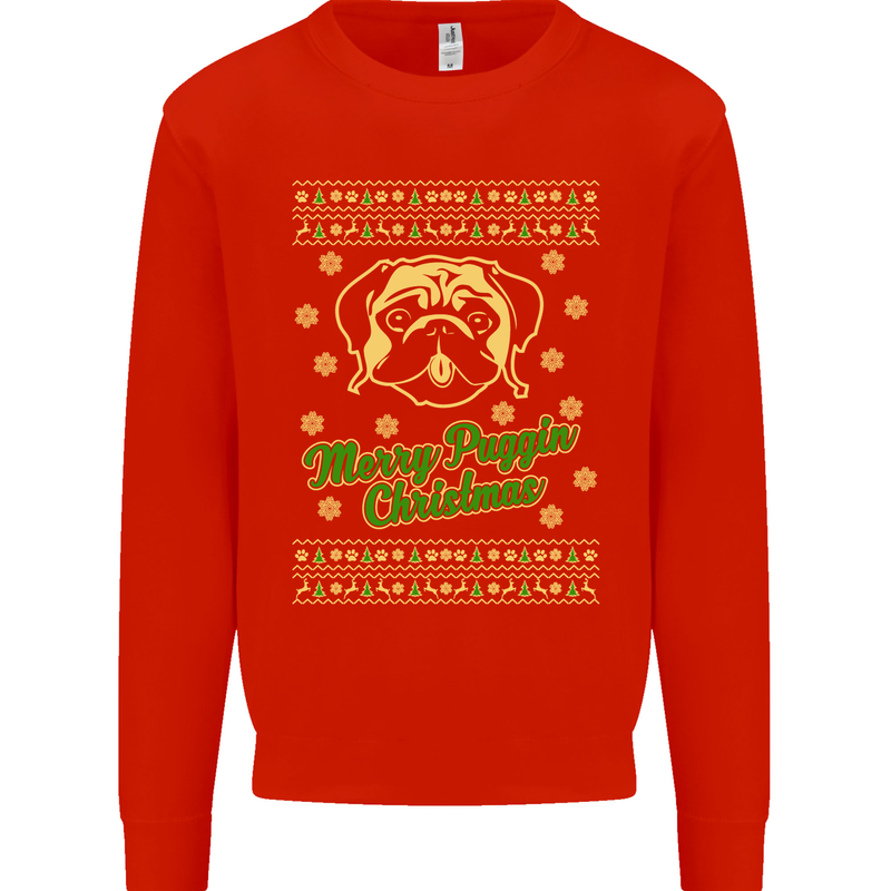 Merry Puggin' Christmas Funny Pug Kids Sweatshirt Jumper Bright Red