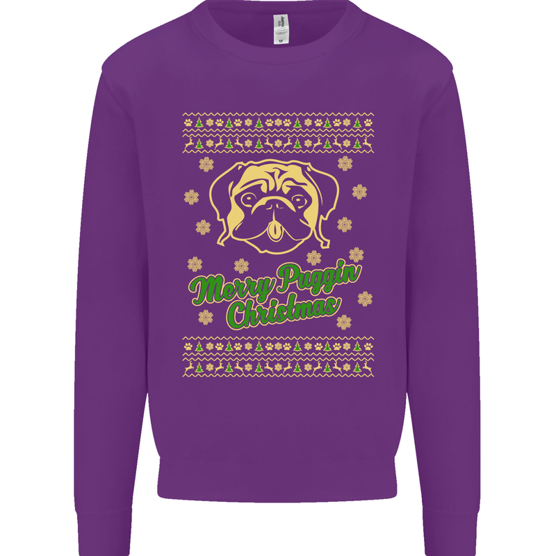 Merry Puggin' Christmas Funny Pug Kids Sweatshirt Jumper Purple