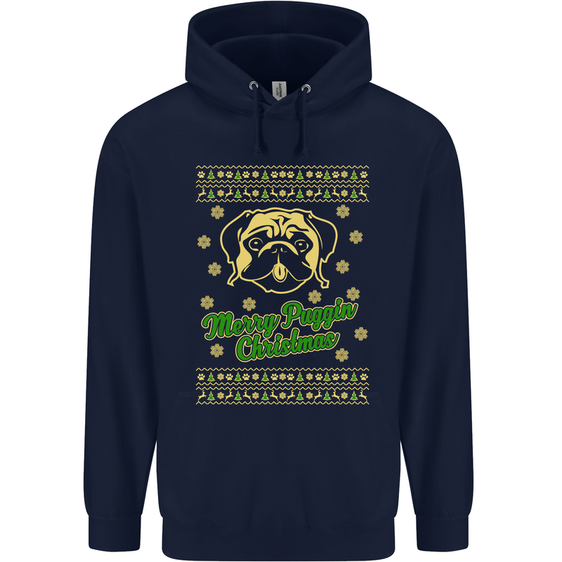 Merry Puggin' Christmas Funny Pug Mens 80% Cotton Hoodie Navy Blue