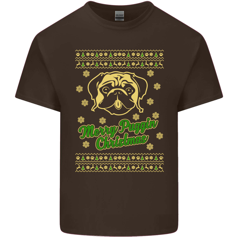 Merry Puggin' Christmas Funny Pug Mens Cotton T-Shirt Tee Top Dark Chocolate