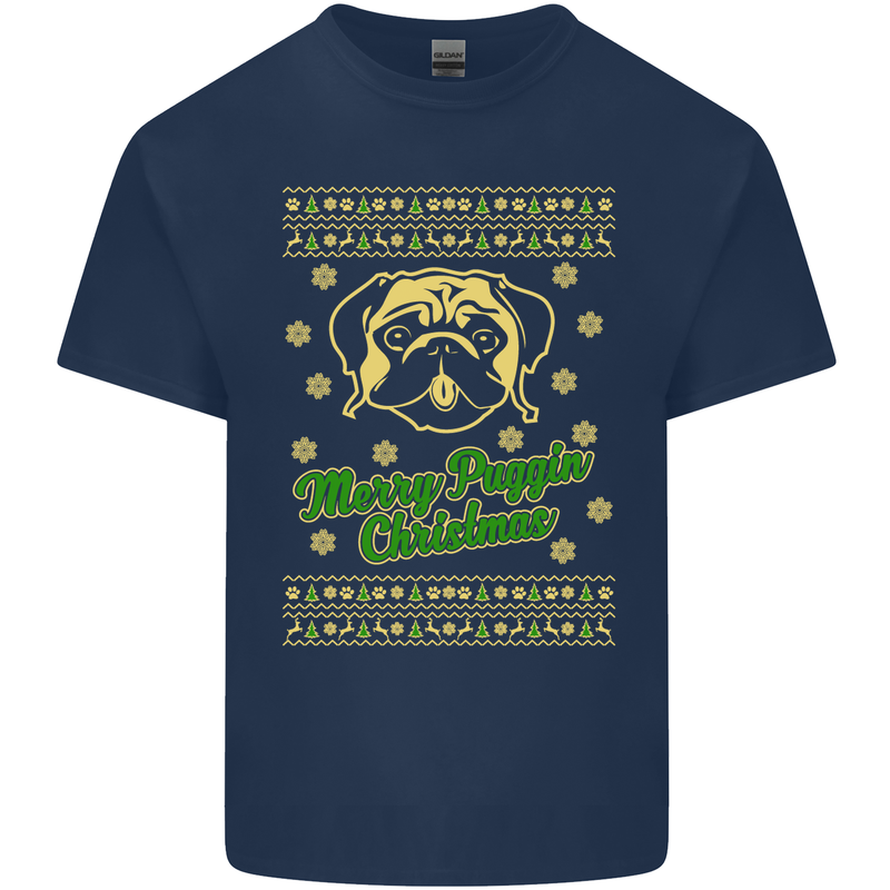 Merry Puggin' Christmas Funny Pug Mens Cotton T-Shirt Tee Top Navy Blue