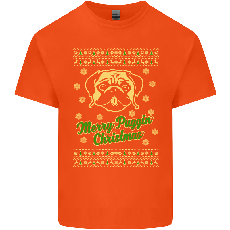 Merry Puggin' Christmas Funny Pug Mens Cotton T-Shirt Tee Top Orange