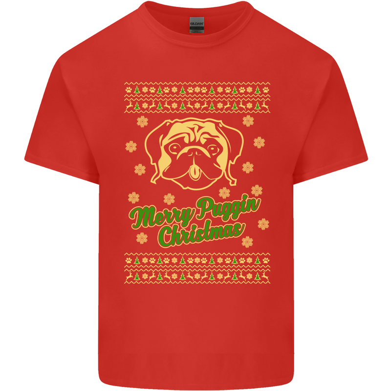 Merry Puggin' Christmas Funny Pug Mens Cotton T-Shirt Tee Top Red