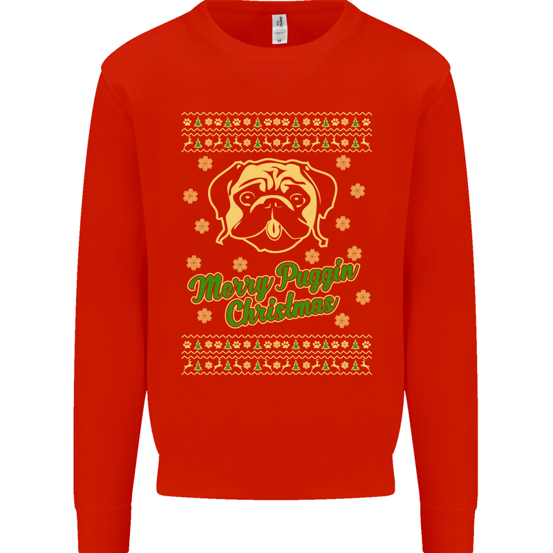 Merry Puggin' Christmas Funny Pug Mens Sweatshirt Jumper Bright Red