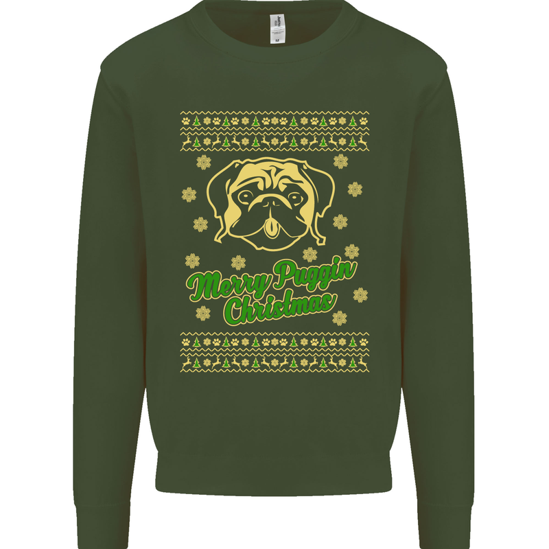 Merry Puggin' Christmas Funny Pug Mens Sweatshirt Jumper Forest Green