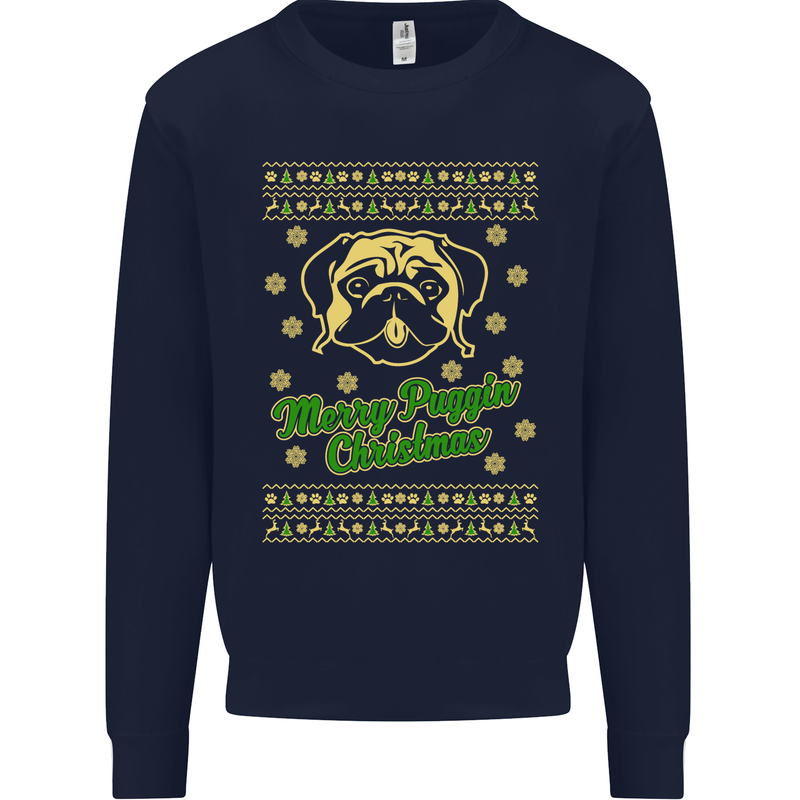 Merry Puggin' Christmas Funny Pug Mens Sweatshirt Jumper Navy Blue