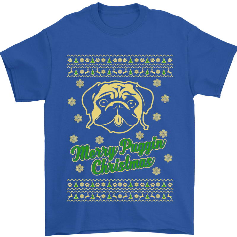 Merry Puggin' Christmas Funny Pug Mens T-Shirt Cotton Gildan Royal Blue