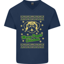 Merry Puggin' Christmas Funny Pug Mens V-Neck Cotton T-Shirt Navy Blue