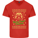 Merry Puggin' Christmas Funny Pug Mens V-Neck Cotton T-Shirt Red