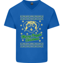 Merry Puggin' Christmas Funny Pug Mens V-Neck Cotton T-Shirt Royal Blue