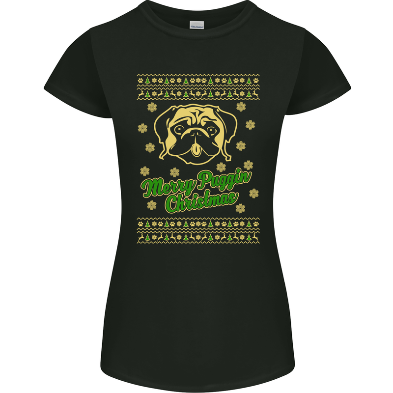 Merry Puggin' Christmas Funny Pug Womens Petite Cut T-Shirt Black