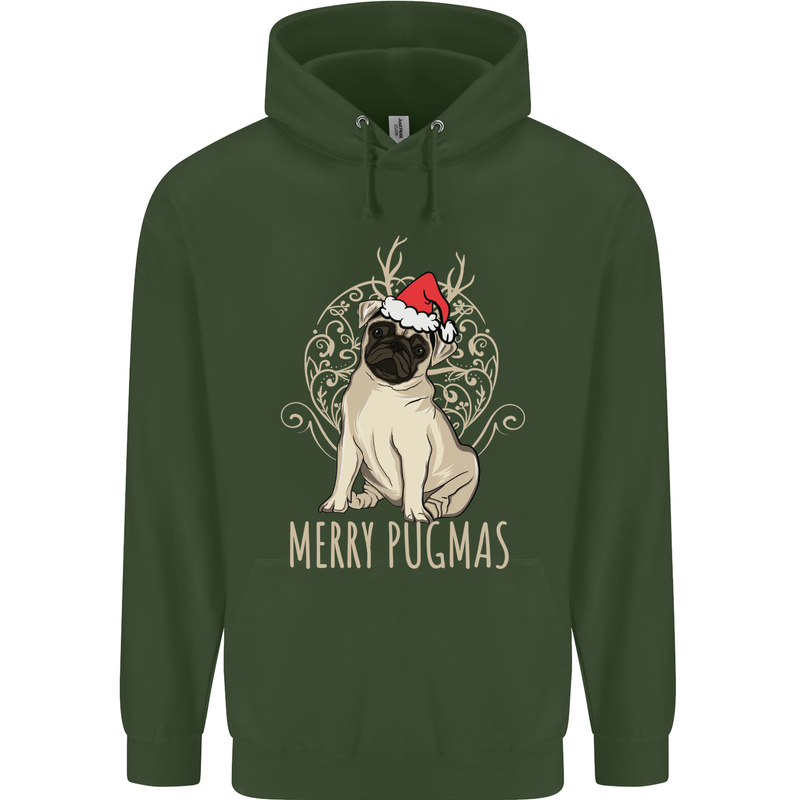 Merry Pugmas Funny Christmas Pug Mens 80% Cotton Hoodie Forest Green